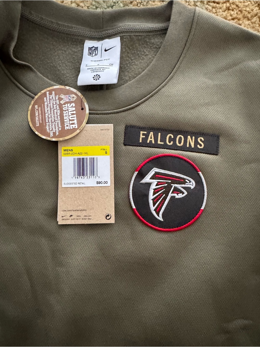 Nike Men's NFL Onfield Gear Crewneck Atlanta FalconsSweatshirt Size S Olive